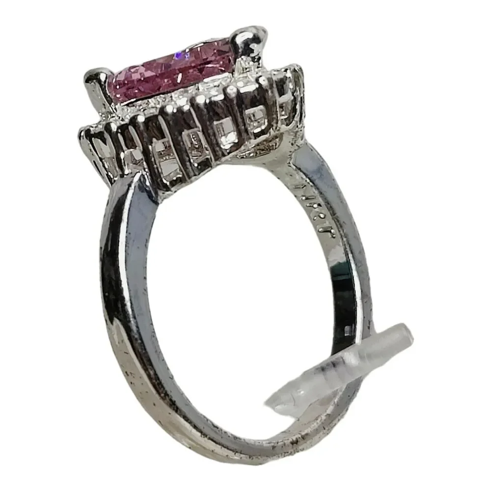 Silver Tone Ring Sz 8 Triangle Cushion‎ Cut CZ Pink Stone Clear CZ Halo Jewelry